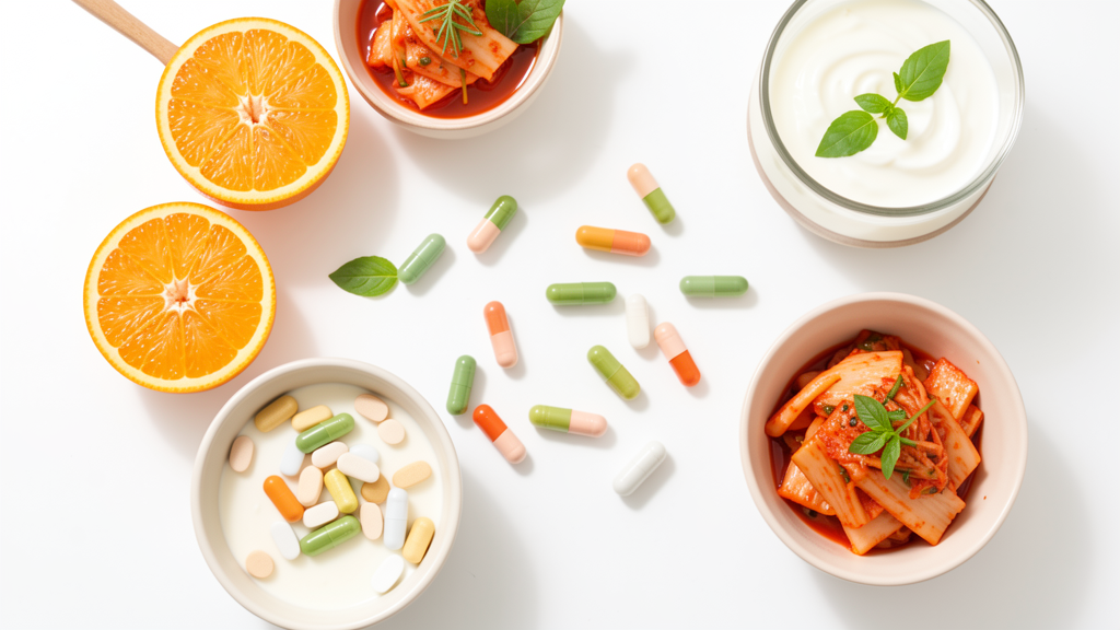 腸活サプリと発酵食品のフラットレイイメージ